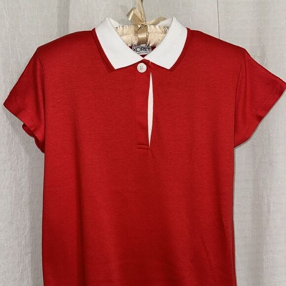 KORET M-L Red White Vintage Tennis Golf One Button Cap Sleeve Polo Top - Picture 3 of 10